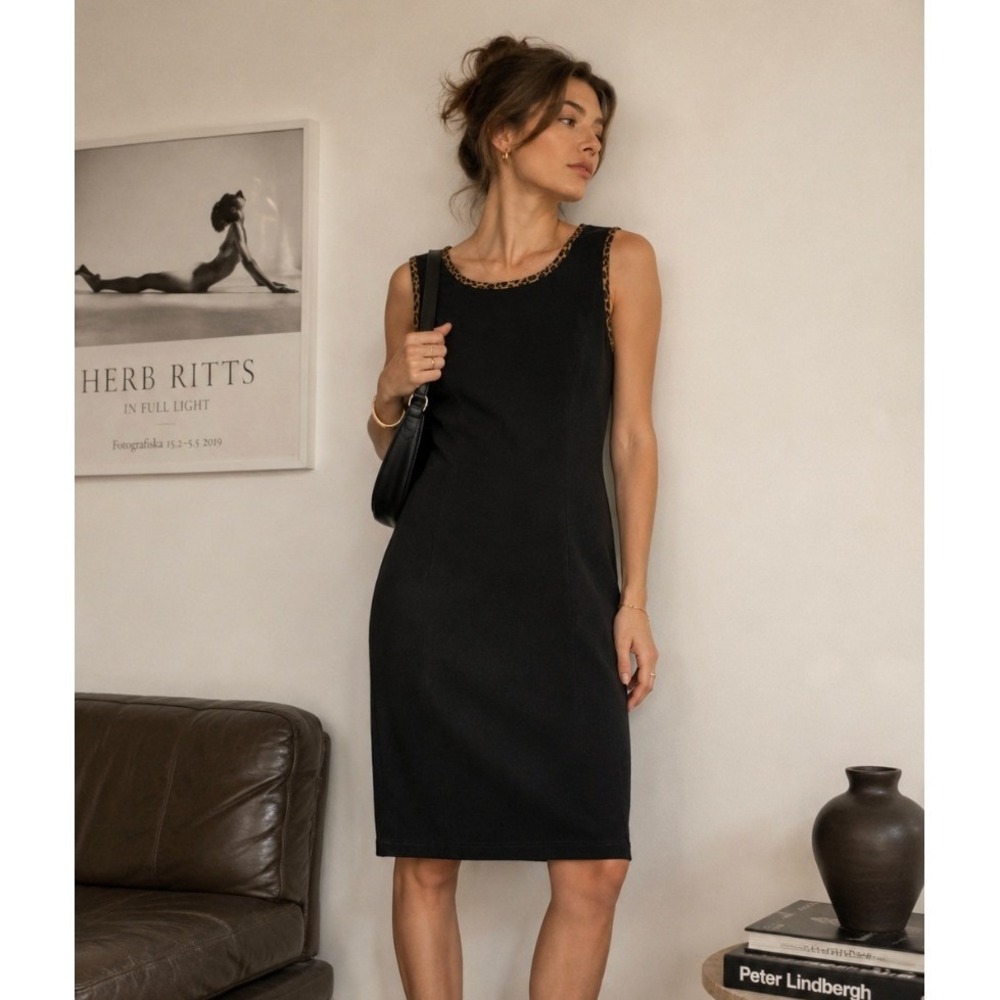 Vintage 90s Faux Suede Sheath Dress Leopard Trim Black Minimalist size 16 Plus
